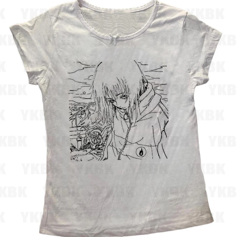 جرافيك هاراجوكو طباعة رسالة أنيمي كم طويل المرأة تي شيرت 90s الملابس خمر النساء الإناث Trashy Y2k 2000s بلايز القوطية