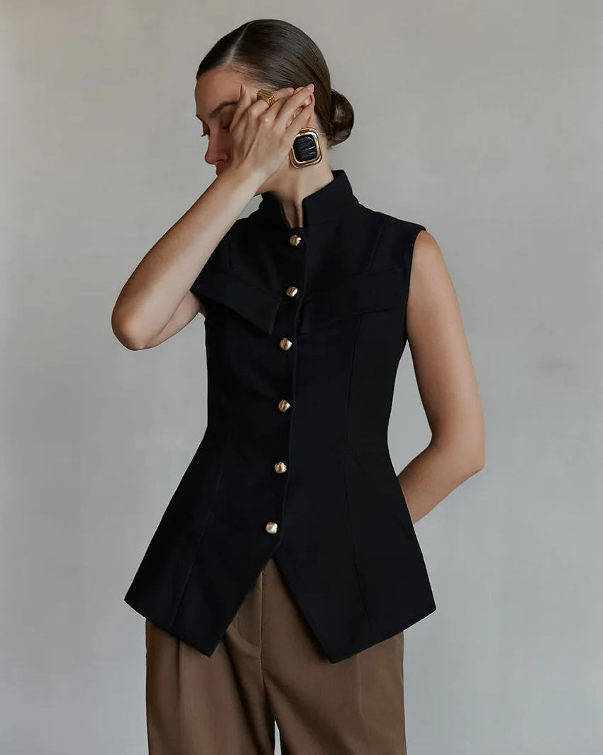 Sleeveless Stand up Collar Vest Waist Cinched Buckle Hem Slit Top Temperament Women's Fashion Minimalist Style