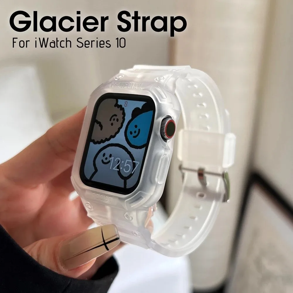 

Glacier Transparent Band + Protective Case for Apple Watch Series 11 10 9 8 46mm 42mm Rugged Silicone Strap for Ultra 3 SE 2 3