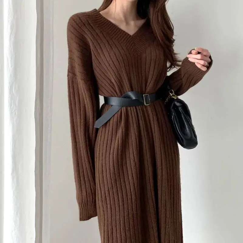 

Loose Knee-Length Base Layer Clothing Versatile Princess Sleeve Style Women's Long V-Neck Sweater Dress New Spring Outerwear