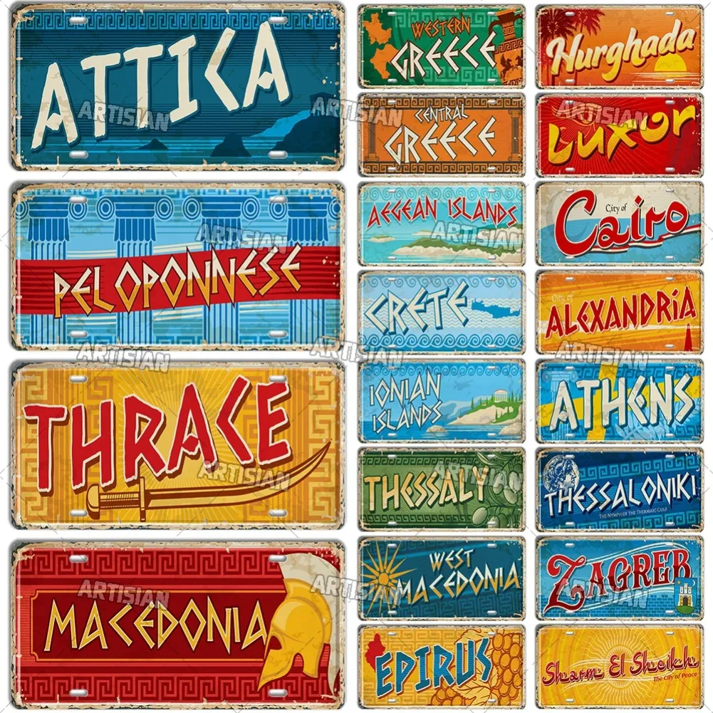 Artiser Griechenland Ctiy State Provinz Metallschild ÄGYPT Wahrzeichen Nummernschild Reise Auto Teller Dekoratives Blechschild Wanddekoration