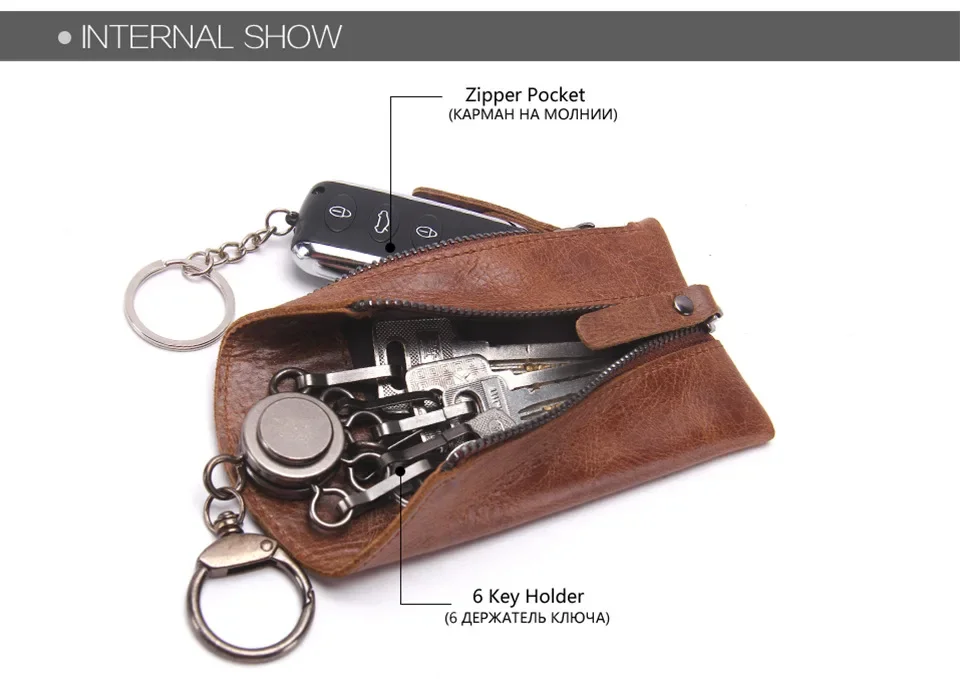 Men's Car Key Pouch Casual Soft Genuine Cow Leather Waist Hanging Zipper Lock Key Holder Bag