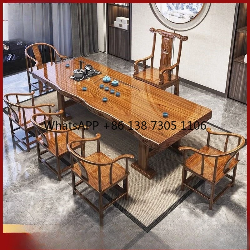 

Solid wood large board tea table full set of chair combination Chinese style whole board table home office tea table