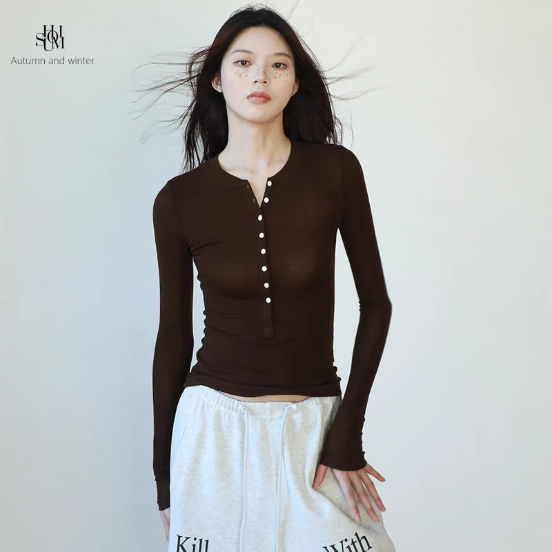 

Brown Henry Collar Naked Feeling T-irt Women's High Elastici Slim Fit Knitted Base irt Street Sle Long Sve
