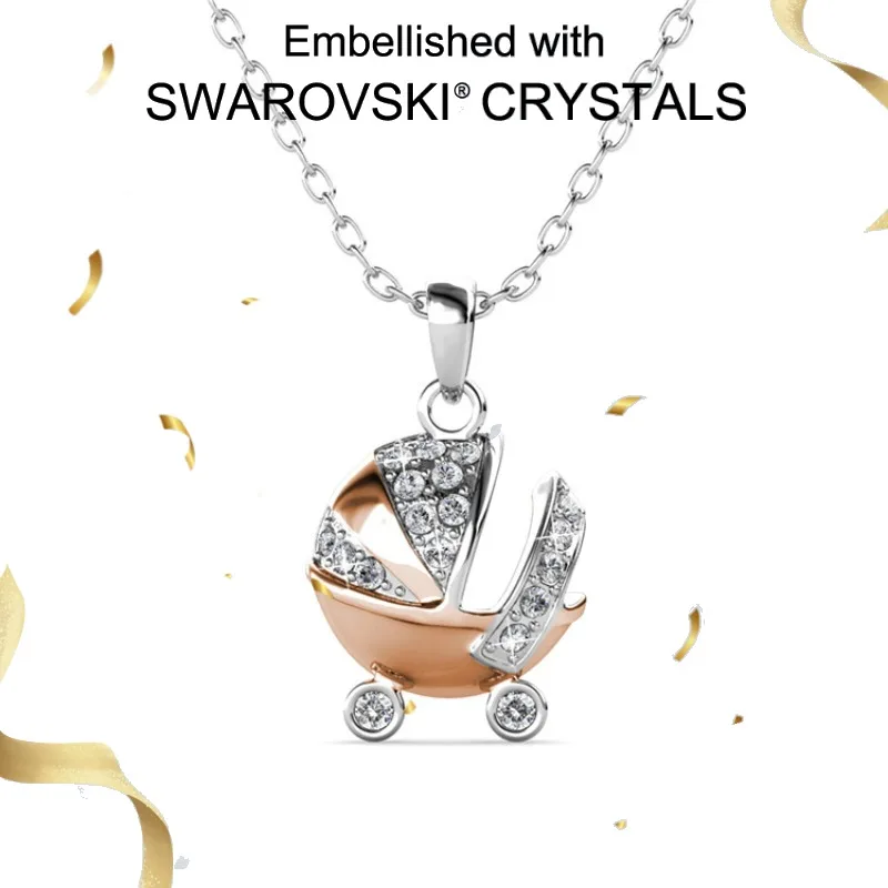 

Daisini 925 Sterling Silver Bicolor Cute Baby Stroller Design Pendant Necklace Embellished with Swarovski Crystal for Women Girl