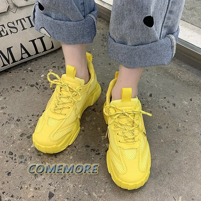 2023 Spring Autumn Platform Sneakers Women\'s Casual Lace Up Thick Bottom Shoes Woman Non Slip Yellow Classic Sneakers Round Head