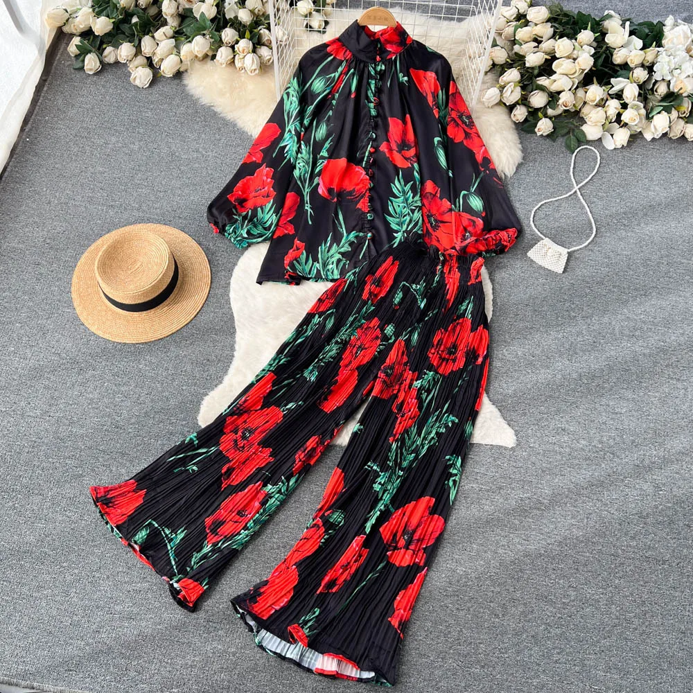 New Autumn Printing Loungewear Women Set Lantern Sleeve Half High Neck Loose Shirt+Wide Leg Pleated Pants Two Piece Pajama Sets