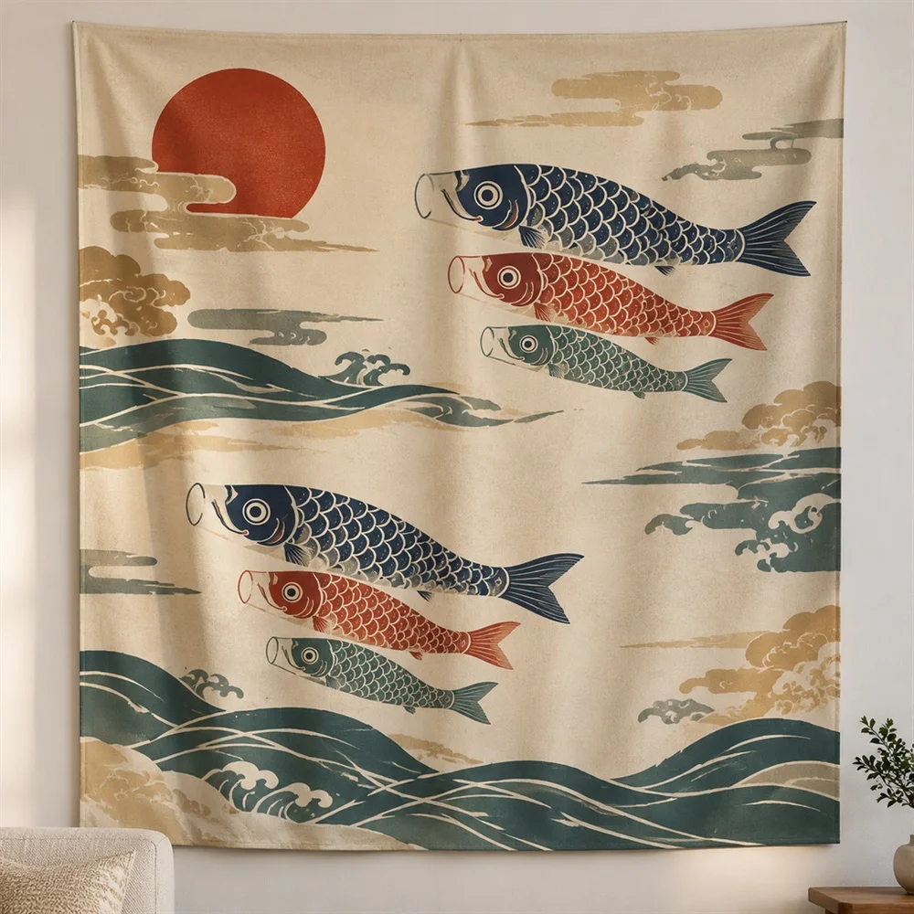 VIKAMA Koinobori Carp Streamer Clustered Groups Tapestry Wall Hanging, Japanese Wall Decor Tapestries for Living Room Bedroom