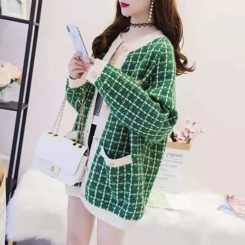 

Winter Clothes Women Cardigans Women Clothing Long Sleeve Top Korean Style Oversized Sweater Women Green Coat Checkered Jacket