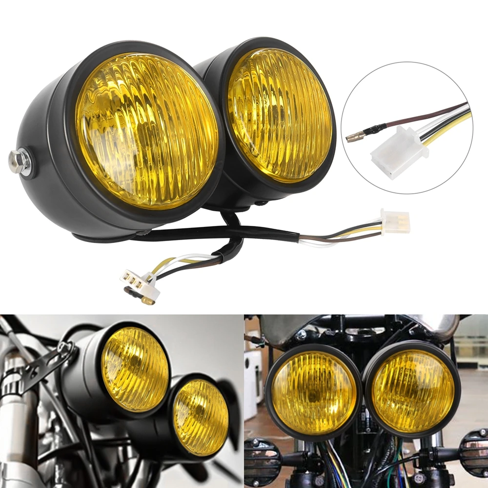 Black H4 Double Twin Head Light Motorcycle Dominator Dual Headlight Clear/ Yellow Lens For Harley Touring Cruiser Suzuki Honda