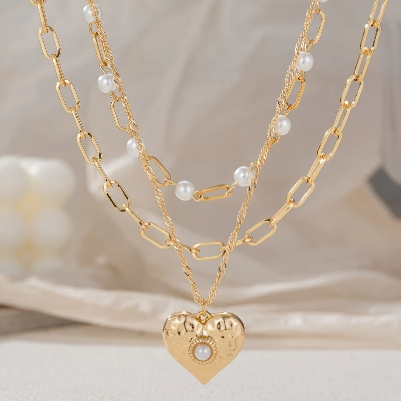 3pcs Fashion Necklaces Elegant Women'S Love Pendant Imitation Pearl Beaded Multi-Layer Chain Party Banquet Jewelry