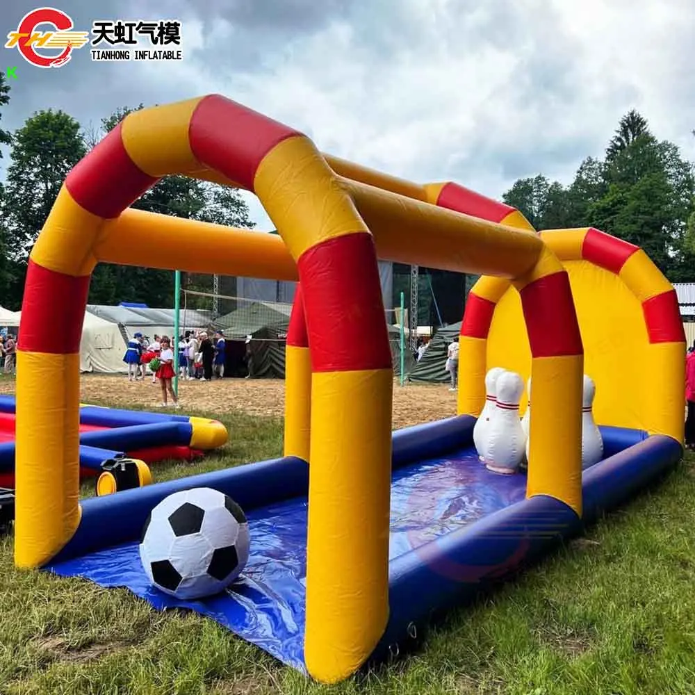 3x7x3mH comercial enorme inflável futebol boliche jogo de tiro aluguel ao ar livre pinos de boliche infláveis e bolas brinquedos de carnaval