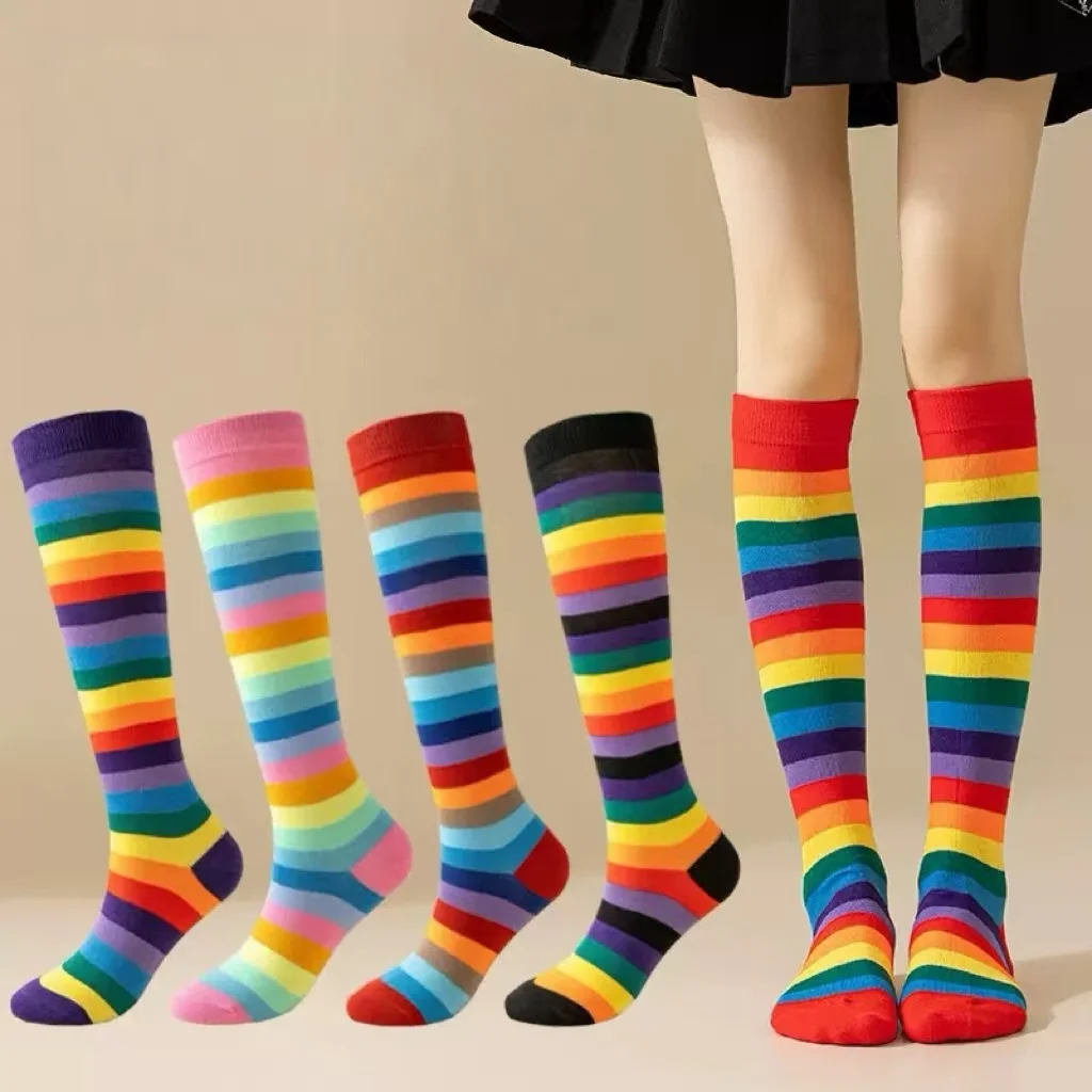 Women Colorful Striped Long Boot Stockings Female Girls Thigh High Children's Long Tube Party Performance Halloween Cosplay Calf