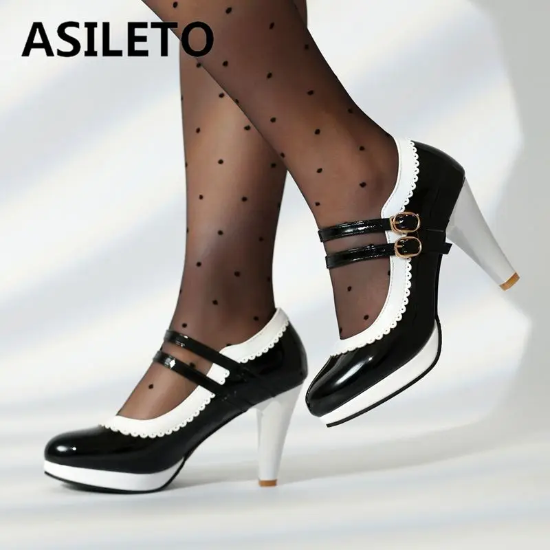 ASILETO moda donna décolleté colore misto punta tonda tacchi alti 8.5cm piattaforma doppia fibbia cinghie Mary Janes scarpe Big Size 48