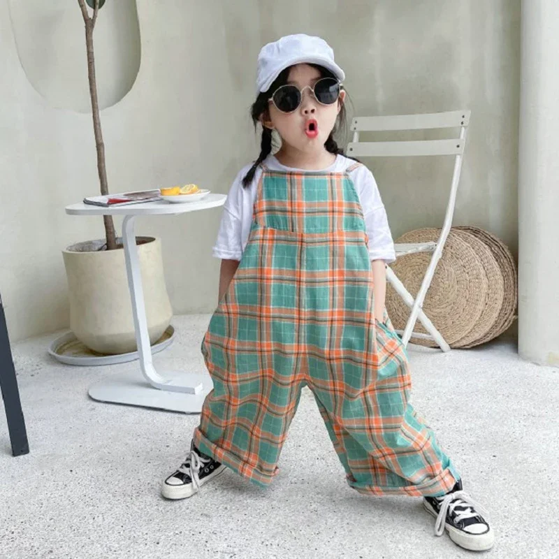 Baby Plaid Suspenders Jumpsuit  For Girls Pockets Trousers Spring Summer New Bodysuit Casual Rompers Fashion Children\'S Clothing