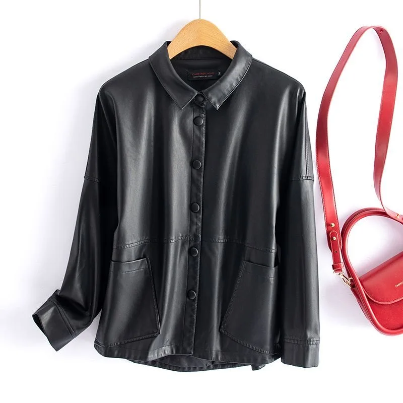 Chaqueta de piel de oveja para mujer, abrigo corto con bolsillos y botones, elegante, holgado, estilo coreano, para oficina