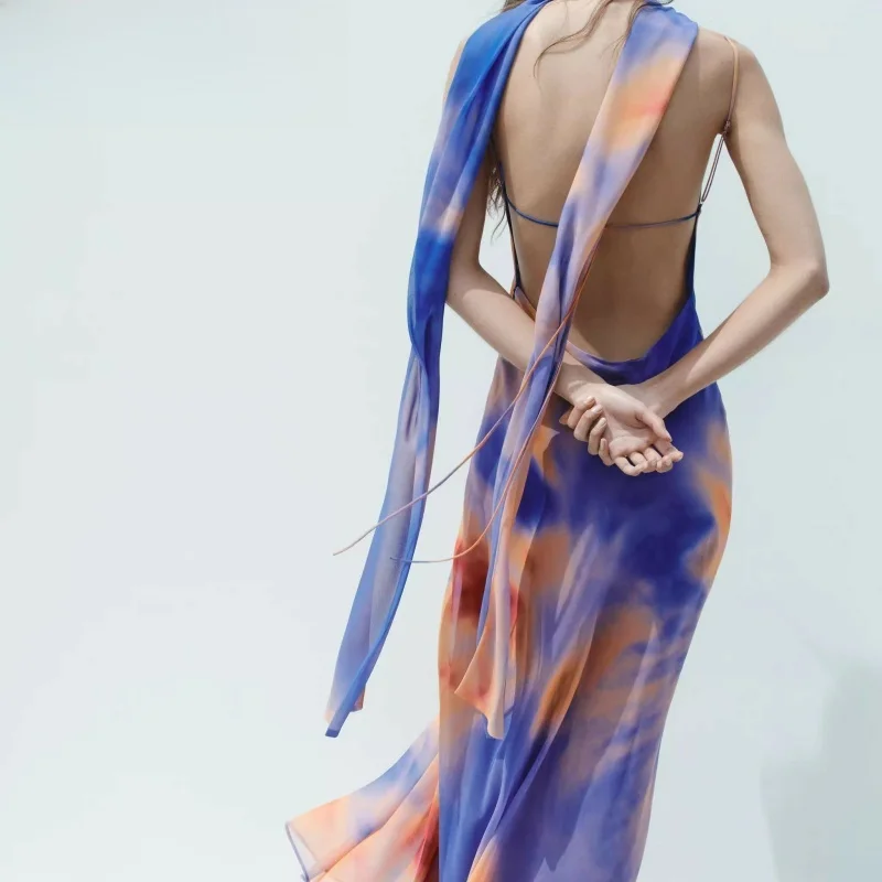 New Autumn 2025 Bal Scarf Printed Long Dr Women's Street Sle Waist Cinched Svel V-Ne Gown for Par