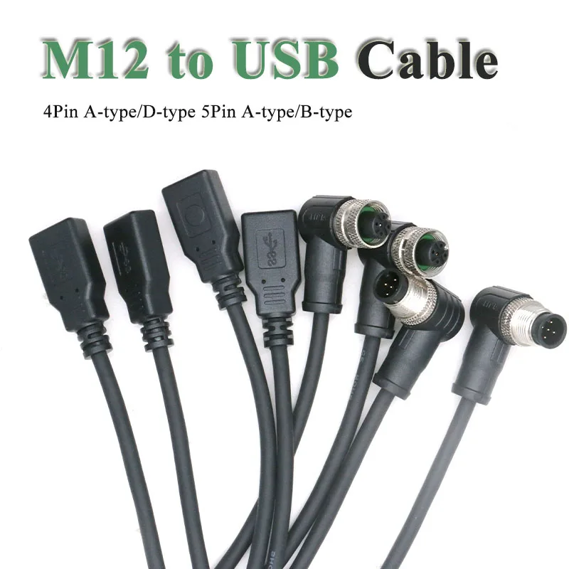 

M12 4Pin to USB 2.0 Cable Connector 5Pin to USB Scanner Cable Industrial Camera Wire Plug USB to M12 Male Female Extension Line