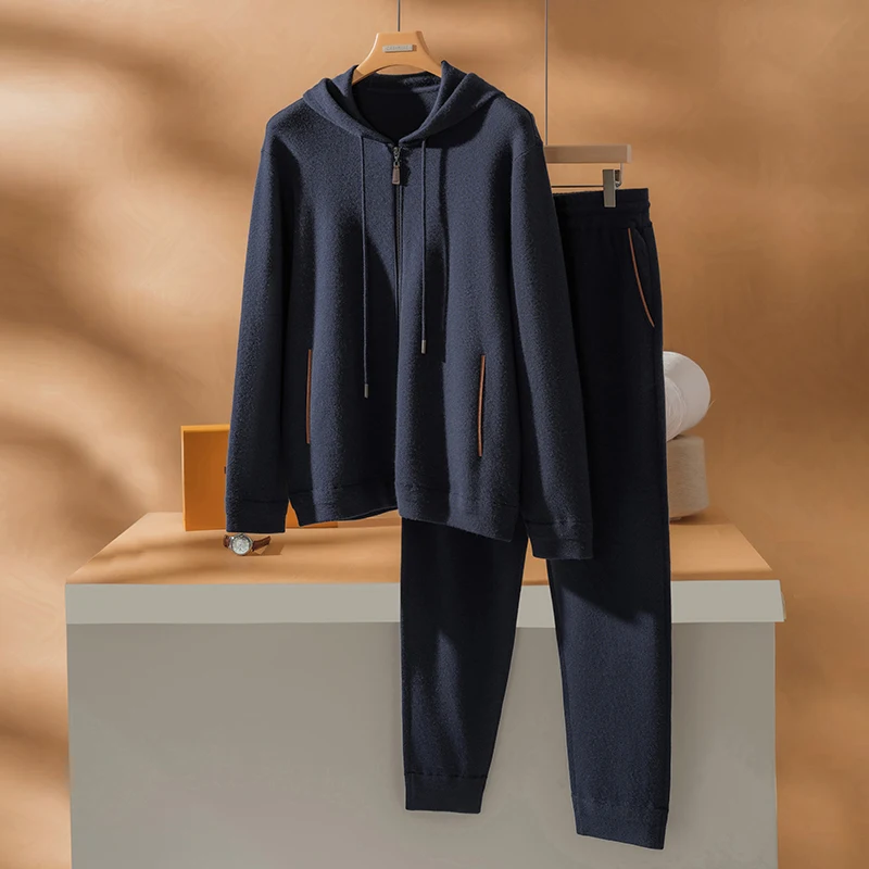 100% fine spun cashmere men's suit hooded collar zipper cardigan jacket knitted pants pocket air layer thickened two-piece set