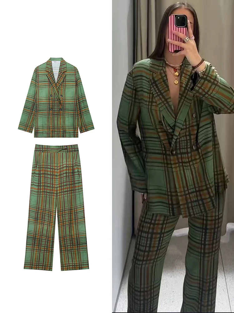 

TFMLN Fashion Loose Plaid Pant 2 Piece Sets For Women 2025 Elegant Long Sleeve Double Breasted Blazer High Waist Pant Set Female