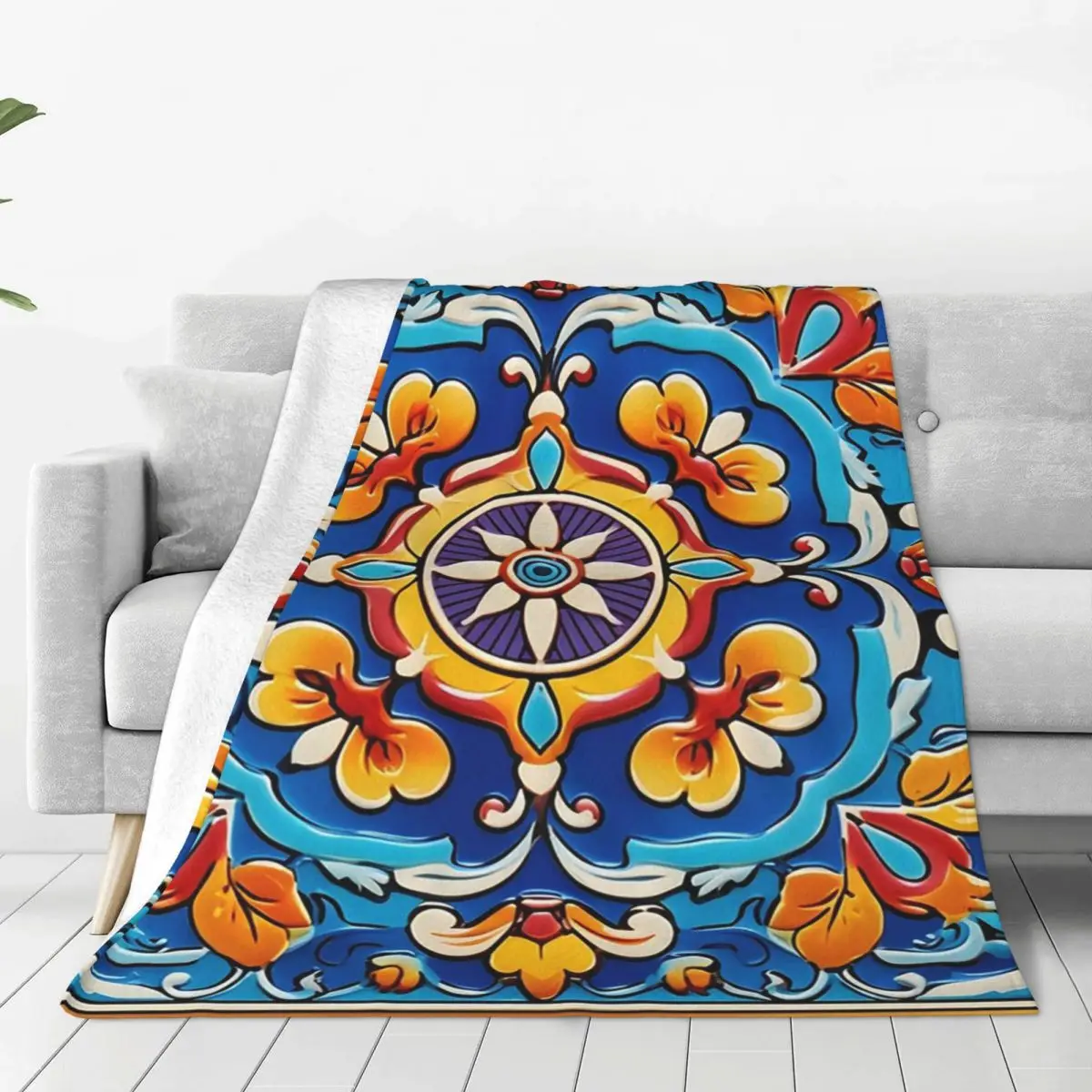 Decorative Spanish Ceramic Tile Print Blanket Flannel Breathable Sofa Throw Blankets For Couch Bedding Throws Bedspread Quilt