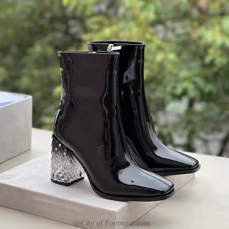 

Patent Leather Clear Block Heel Ankle Boots Woman Elegant Suede Glass High Heel Black\White Zip Booties Winter New Luxury Shoes