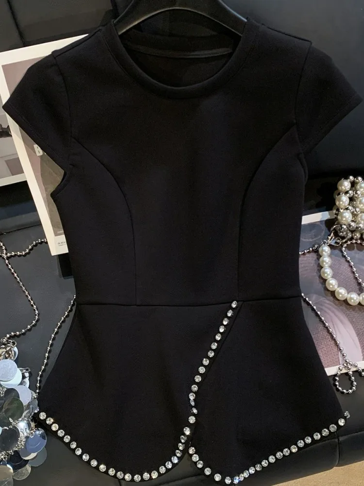 Elegant Female Solid Color Diamonds T-Shirt Versatile Office Ladies Slim Sleeveless Pullover Fashion Round Neck Outerwear