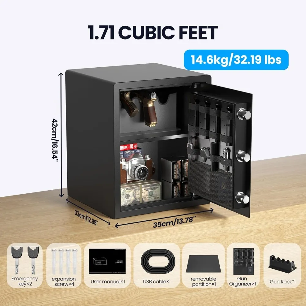 Gun Safe for Handgun - (1.72 cu. ft.) Include 【Door Organizer and Gun Rack】 Silent Mode, Backlit Keypad, and LED Light Safe Box