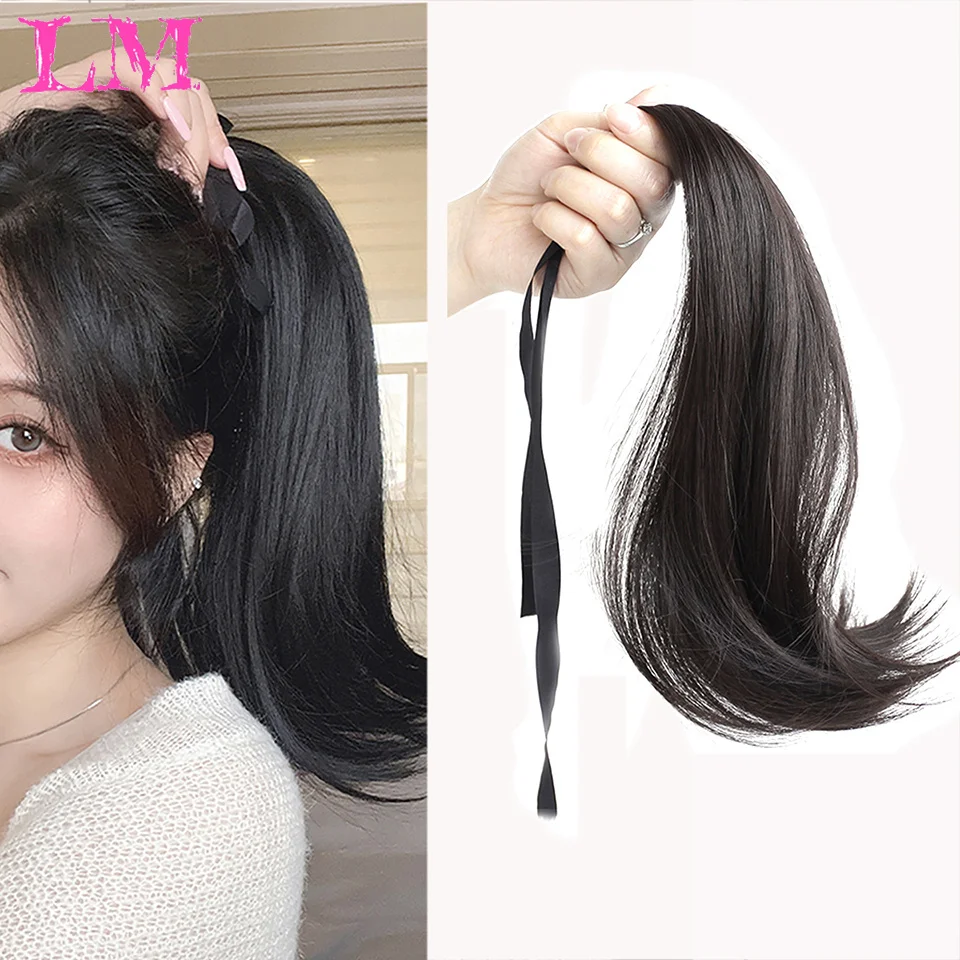 

LM Synthetic Ponytail Hair Extension Clip in Fake Wig Hairpiece Blonde Wrap Around Pigtail Long Smooth Overhead Pony Tail