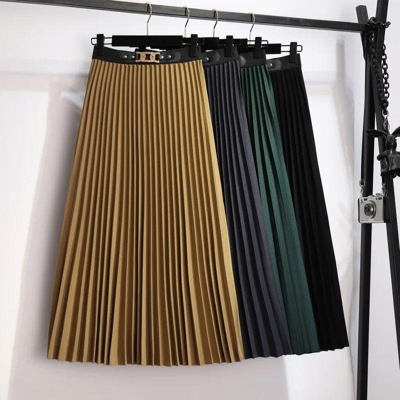 

Winter Retro Style Metal Belt Long Pleated Skirt Elastic-Waist A-line Drape Blend Calf-to- Ankle Long Skirts