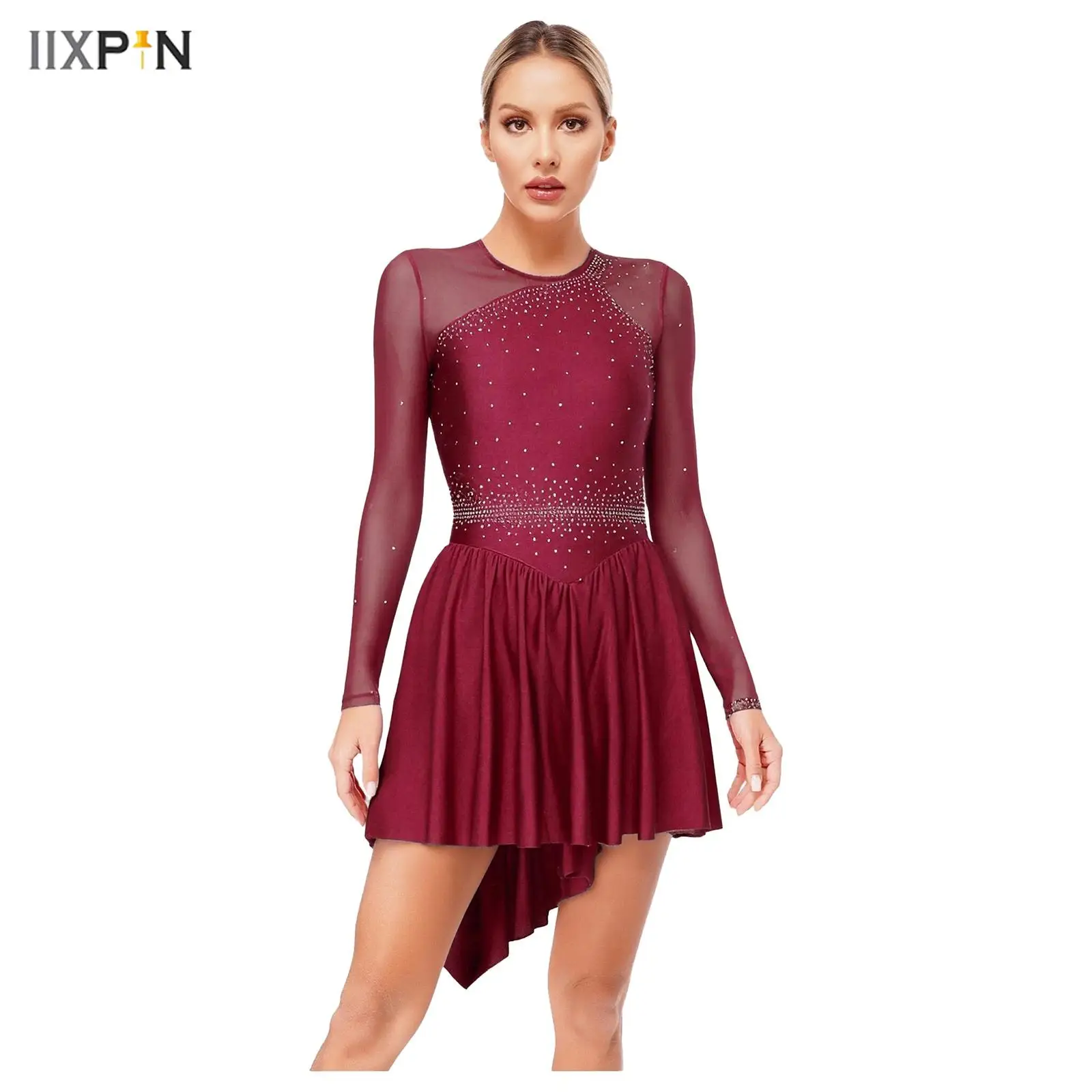 

Womens Glittery Rhinestones Lyrical Dance Dresses Sheer Mesh Long Sleeve Asymmetrical Hem Dress for Figure Skating Performance