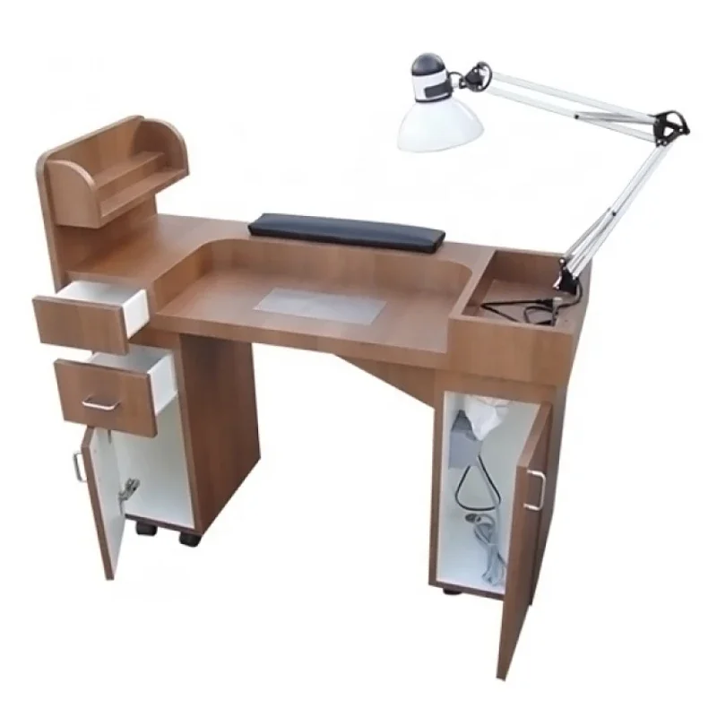 Salon brown solid wood table, manicure table with display stand, nail furniture with lamp and locker