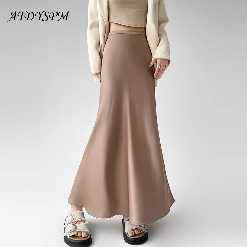 

Vintage Spring Summer Long Skirts For Women Streetwear High Waist Satin Maxi Skirt Elegant Mermaid Skirt Jupe Longues Femme