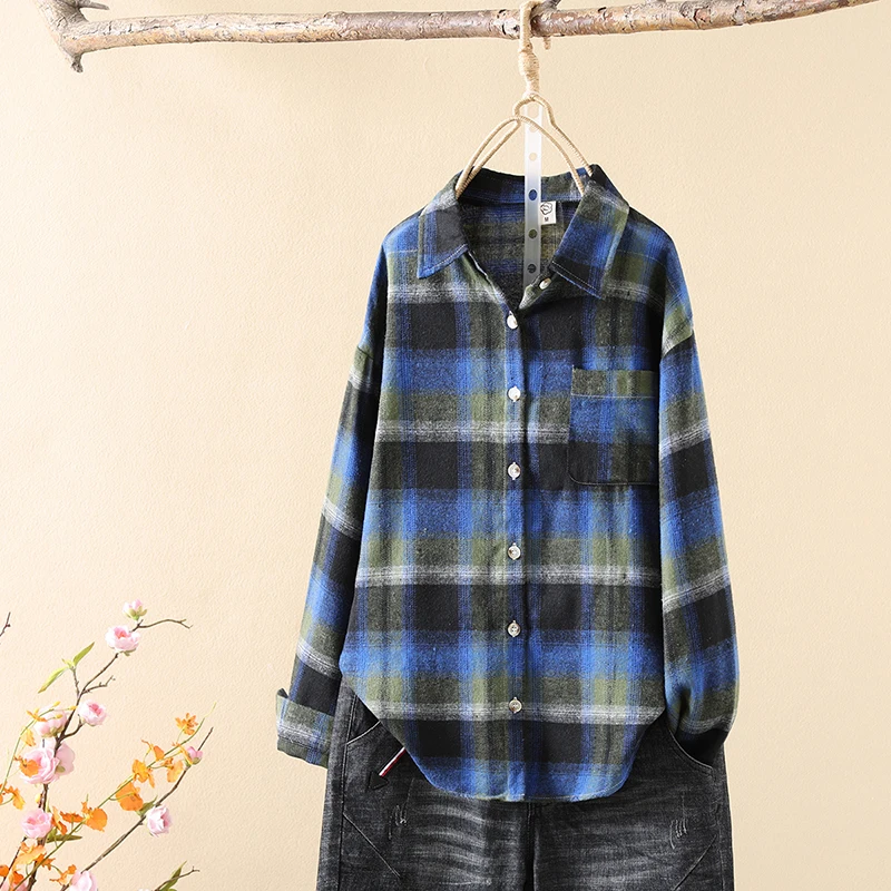 2024 New Women\'s Plaid Shirt Female Comfortable Casual Loose Long Sleeve Shirts Blouse Lady Vintage Elegant Checked Tops Clothes