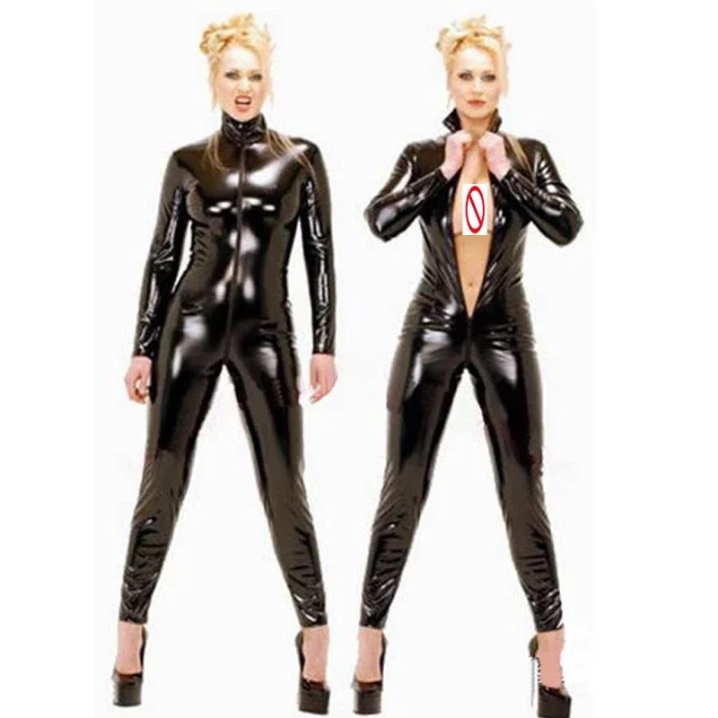 

2025 Halloween Sexy Dame Pvc Leather Stretch Jumpsuit Rits Kruis Open Midnight Nachtclub Stalen Dans Rompersuit Fancy Party