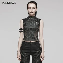 PUNK RAVE Women's Punk Snake Pattern Pressure Knit and Mesh Splice Tops Sexy Hollowed Tees Vest Summer