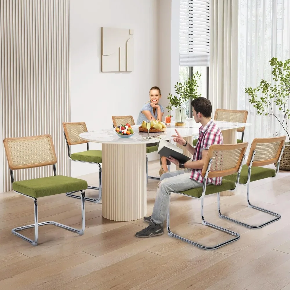 Moderne Cesca-Esszimmerstühle aus Rohrgeflecht, 2er-Set, handgewebte Rattan-Rohrlehne, Untergestell, gepolsterter Sitz aus Baumwolle