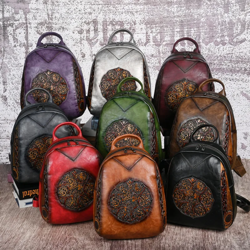 

PU leather retro Chinese-style Tang grass embossed student schoolbag, large-capacity lightweight portable travel backpack