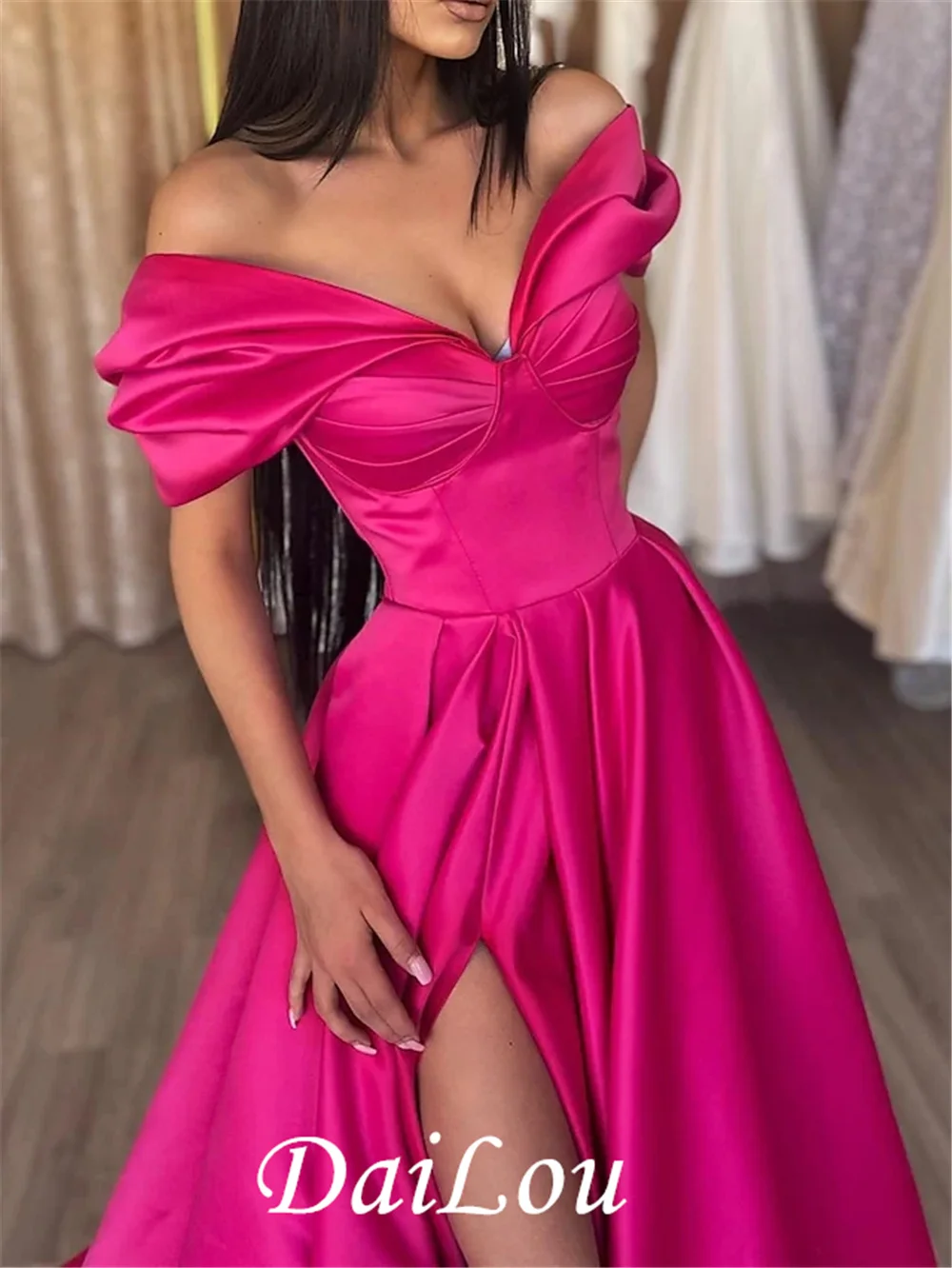 Robe de soirée trapèze en Satin, Sexy, fente haute, longueur au sol, épaules dénudées, manches courtes, fente latérale, couleur Pure