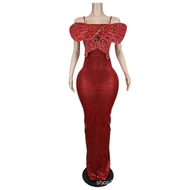 

Red Butterfly Thin Slip Pinched Waist Dress Birthday High-end Adult Model Catwalk Trendy Dress Vestidos De Festas Para Casamento