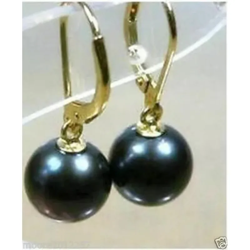 Charming AAA 10-10.5 Mm Tahitian Round Black Pearl Earrings in 14K Gold -