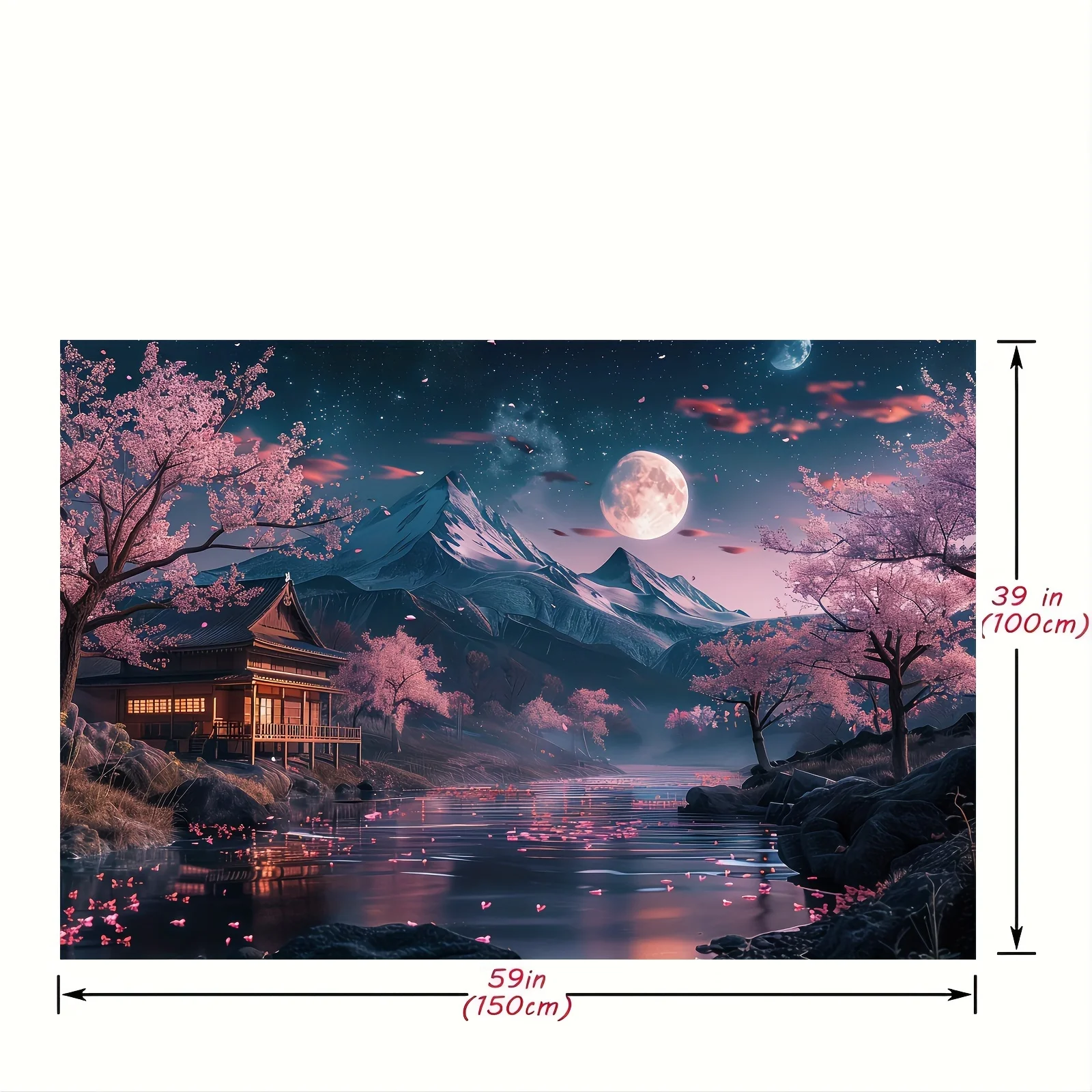 Cherry blossom Japanese landscape with moonlight night view of mountains and rivers Polyester banner multi-purpose decoration