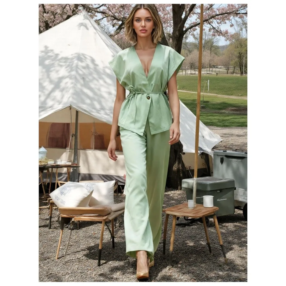 Fashion Waist Lace-up Vest Trousers 2 Piece Set Women's Spring Autumn New One Button Vest Straight Trousers Female Office Suit
