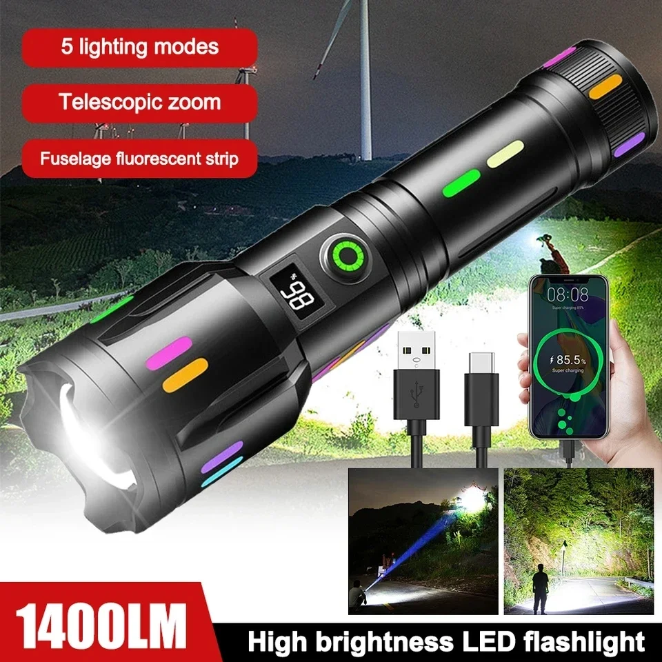 Bright LED Flashlight Zoomable Camping Lantern Type-C Rechargeable Torch 650M Long Range Fluorescent Spotlight Output 26650 Lamp