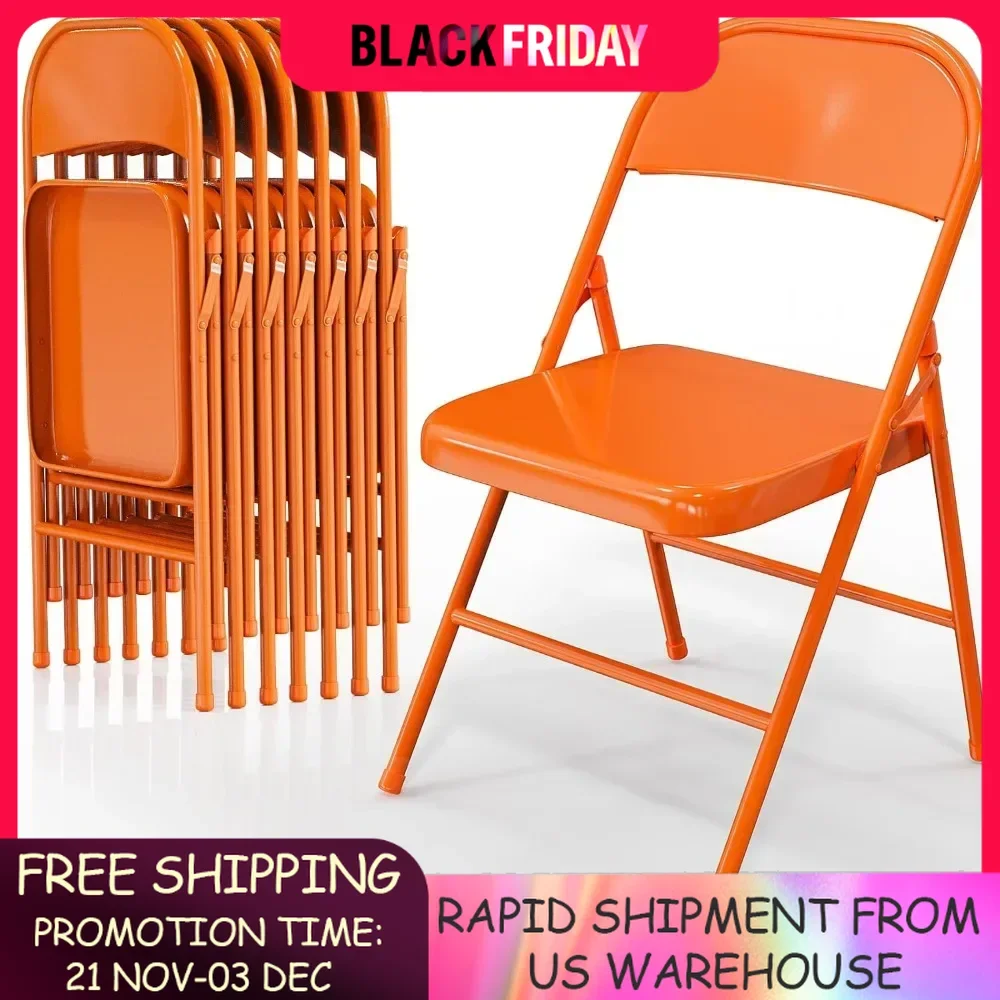 Folding Chairs All Steel Metal Frame, Capacity 350 lbs, Durable Portable and Versatile for Indoor Outdoor Use, Orange, Set of 8