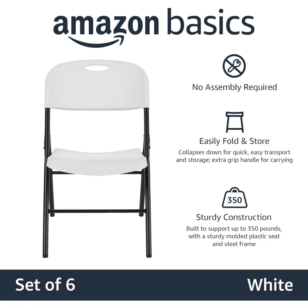 Basics-silla plegable de plástico con capacidad de 350 libras, paquete de 6 unidades, color blanco