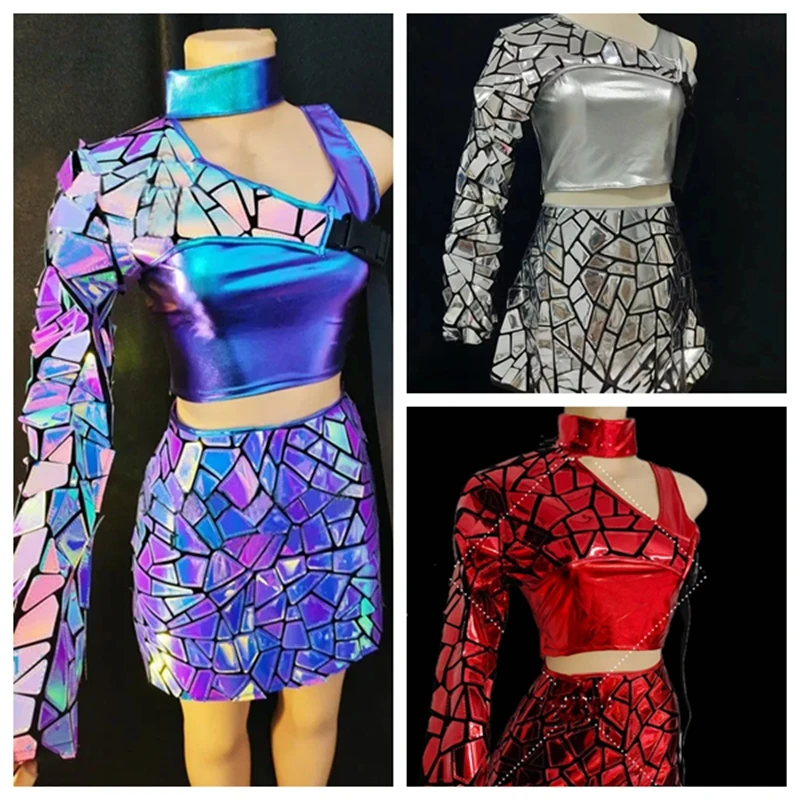 

Фиолетовый, синий, зеркальный, с блестками, пальто с одним рукавом + жилет + платье, наряд для бара, ночного клуба, танцевальная команда, Gogo, певица, танцовщица, сексуальный сценический костюм