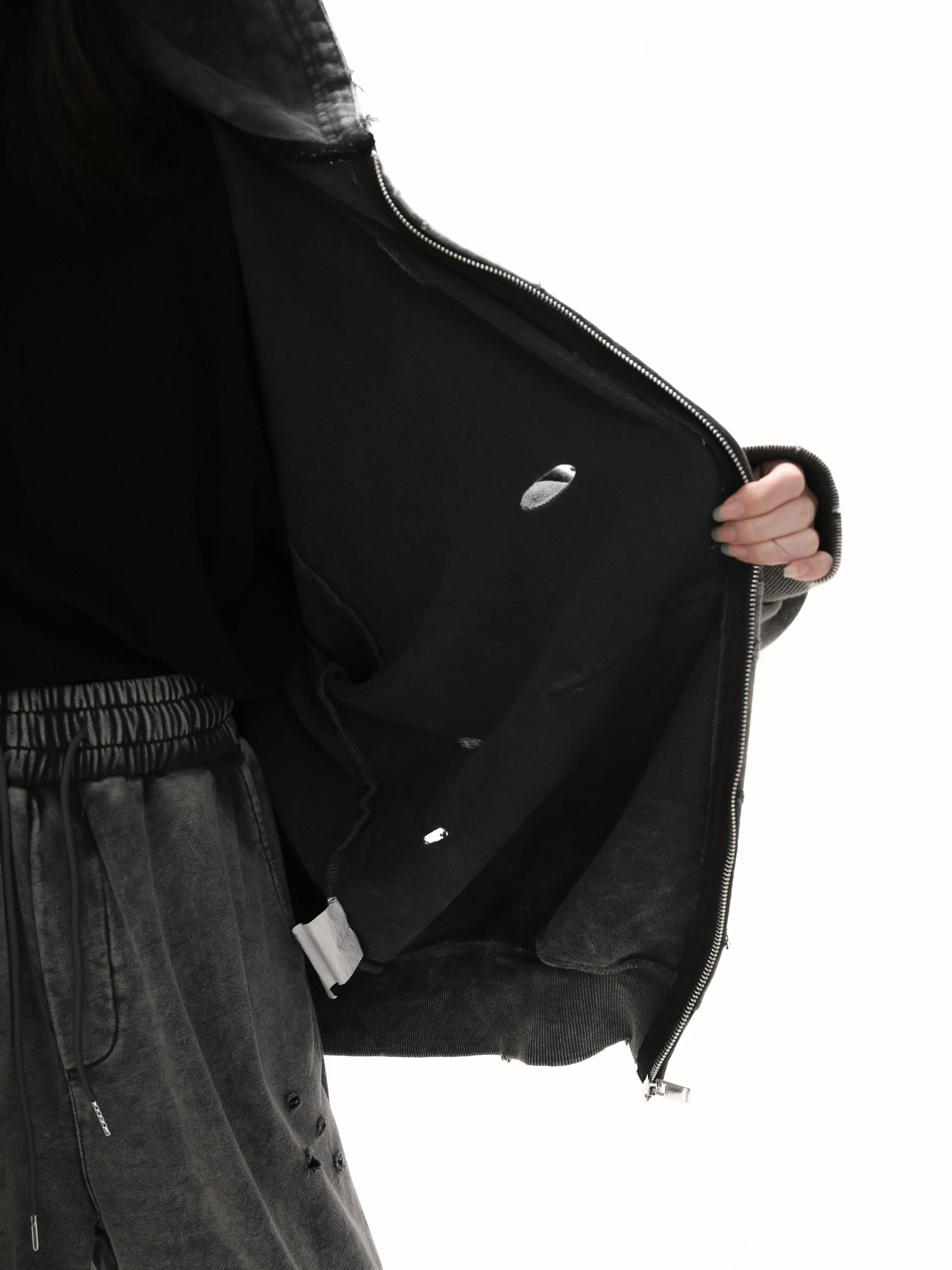 Autumn Winter Ripped Hole Punk Vintage Zip Up Hoodies Man Woman High Street Washed Distressed Sweatshirt Sudaderas