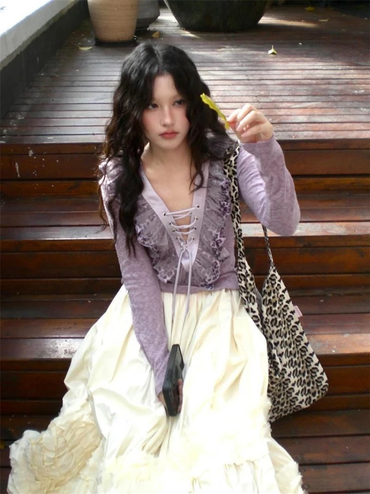 Y2k 美的フリルパッチワークセーター原宿女性セクシーな包帯ストリートウェアジャンパー秋グランジヴィンテージ妖精プルオーバー