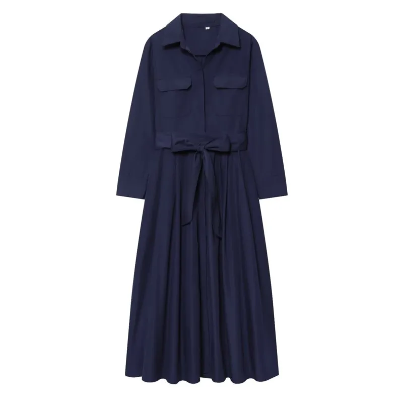 HipSeam Women Shirt Midi Dress With Belt Autumn Turn Down Collar Women's Dress Pocket Long Dress Pleated Hem Female Chic Dresses